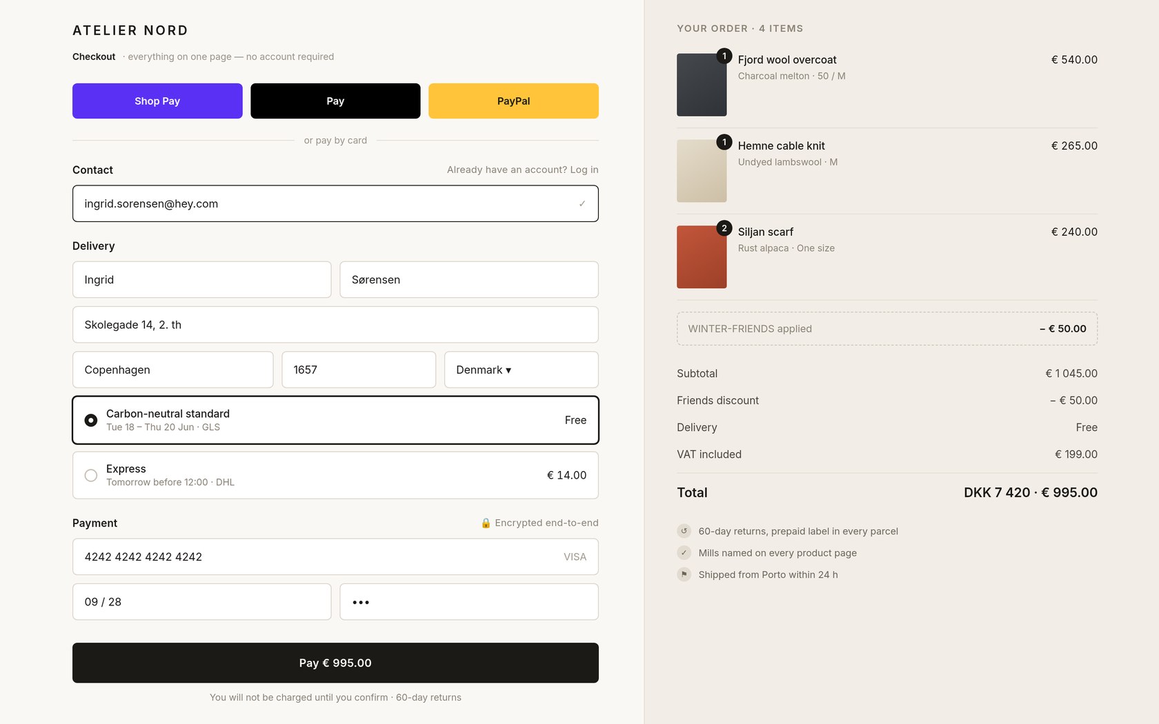 Atelier Nord — one-page checkout