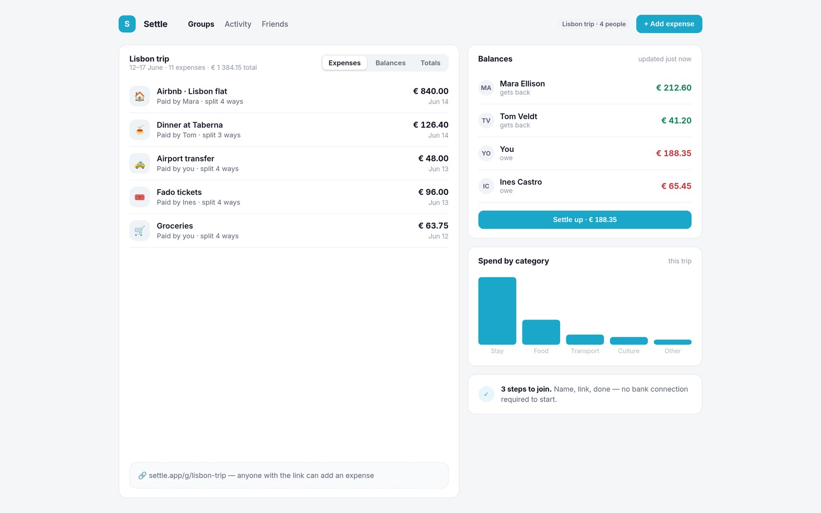 Settle — group expenses and balances